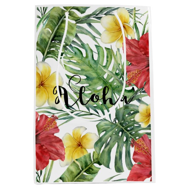 Tropische botanische Blätter und Blume Floral Aloh Mittlere Geschenktüte (Vorderseite)