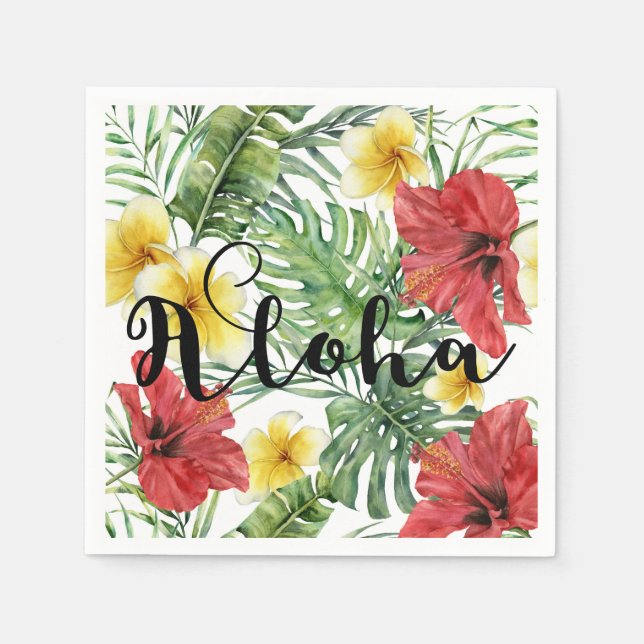 Tropische botanische Blätter und Blume Floral Aloh Serviette (Vorderseite)