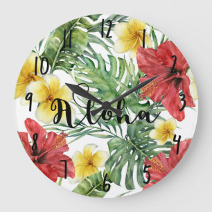 Tropische botanische Blätter und Blumen Florale Al Große Wanduhr
