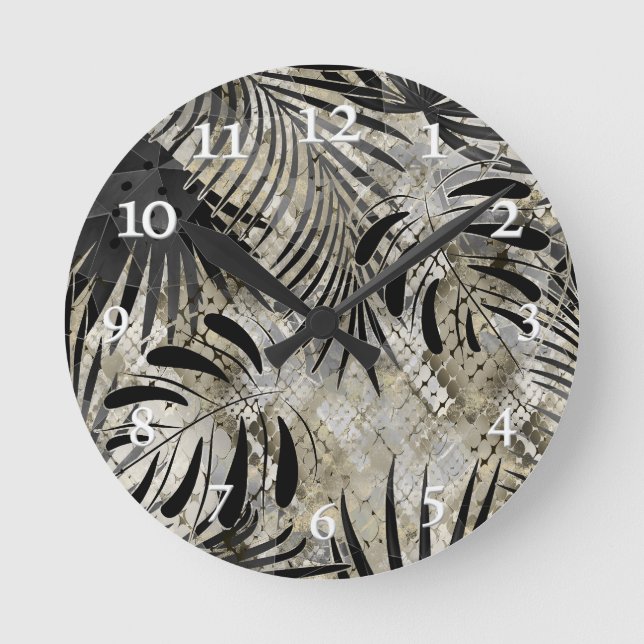 Tropische, botanische, Schlangenhaut, Blätter, Pal Runde Wanduhr (Vorderseite)