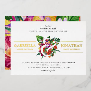 Tropische Bouquet- und moderne Typografie-Hochzeit Folieneinladung