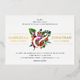Tropische Bouquet- und moderne Typografie-Hochzeit Folieneinladung