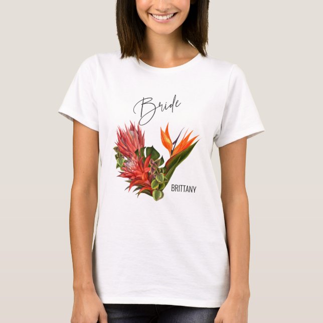 Tropische Breeze Bride Calligraphy Floral Wedding T-Shirt (Vorderseite)