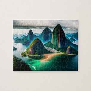 Tropische City Skyline mit Strand und Bergen