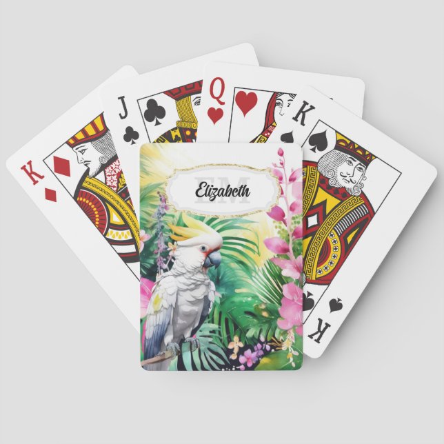 Tropische Cockatoo-Papagei-Dschungel Aquarellfarbe Spielkarten (Rückseite)
