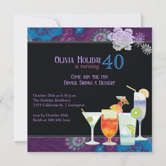 Tropische Cocktails 40. Geburtstag Party Einladung (Vorderseite)