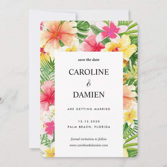 Tropische Destination Hochzeit mit Blüte speichern Einladung (Vorderseite)