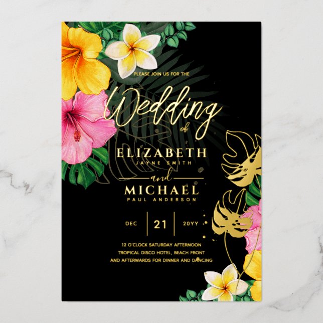 Tropische Disco Hochzeit Einladung Gold Schwarz (Vorderseite)