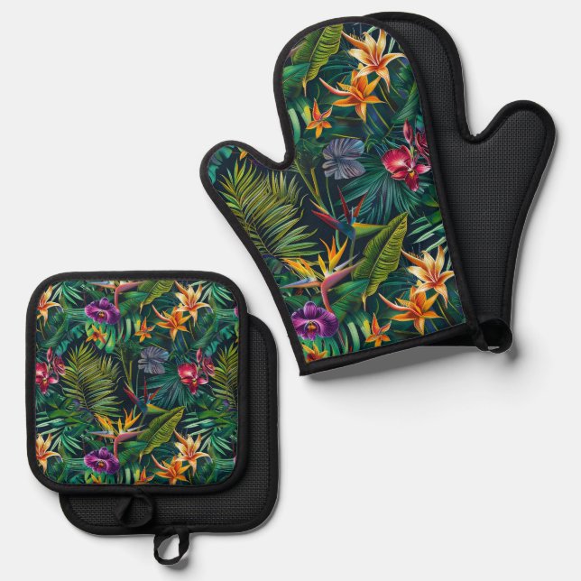 Tropische Dschungel-Blume Ofenhandschuh & Topflappen-Set (Vorderseite/Rückseite)
