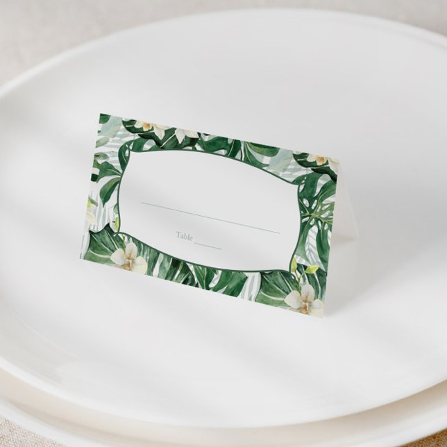 Tropische Dschungelbäume Blätter Hochzeit oder Beg Platzkarte (Tropical leaves with white orchids wedding escort cards or food tents)