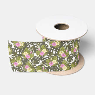 Tropische Dschungelblätter und Hibiskus-Muster Satinband
