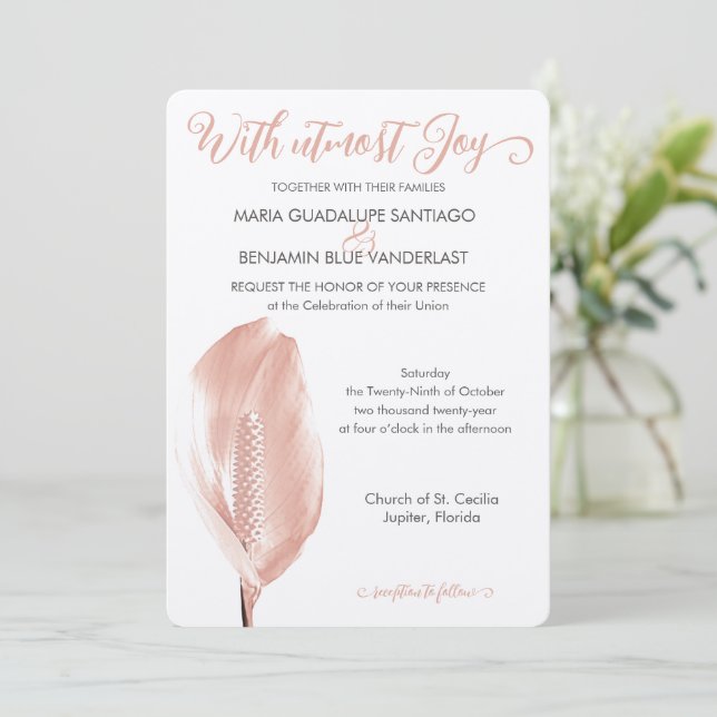 Tropische Eleganz Rosa Blume Shimmer Einladung (Stehend Vorderseite)