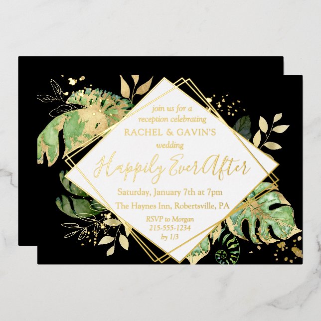 Tropische Elopement Hochzeitsempfang Black & Gold Folieneinladung (Vorderseite/Rückseite)