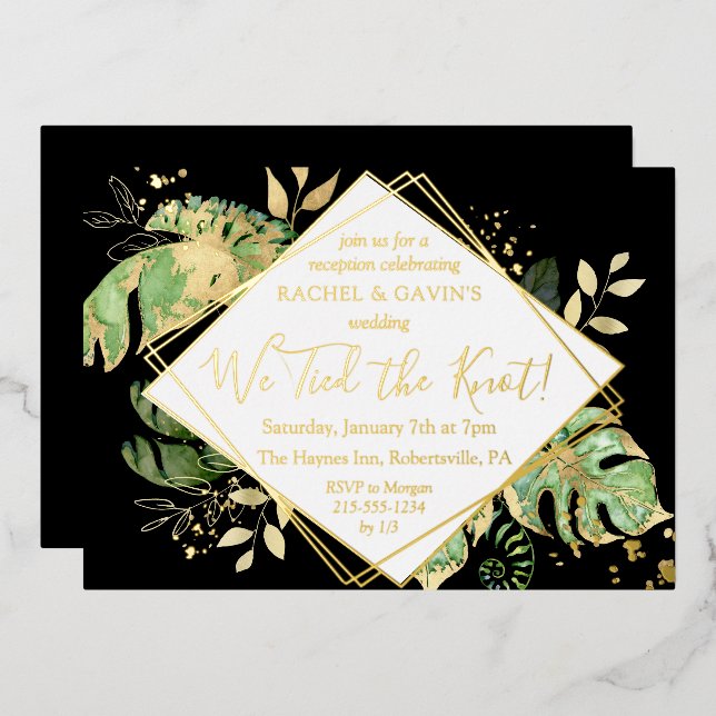 Tropische Elopement Hochzeitsempfang Black & Gold Folieneinladung (Vorderseite/Rückseite)