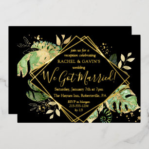 Tropische Elopement Hochzeitsempfang Black & Gold Folieneinladung