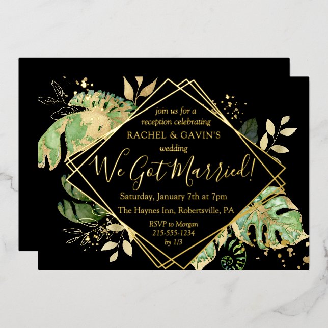 Tropische Elopement Hochzeitsempfang Black & Gold Folieneinladung (Vorderseite/Rückseite)
