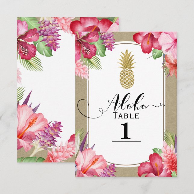 Tropische Exotic Floral Gold Ananas Tischnummer (Vorne/Hinten)