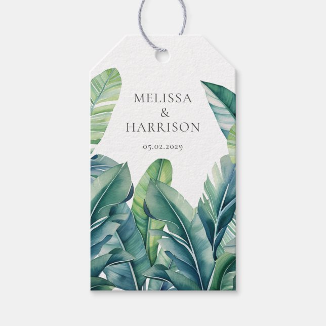Tropische Exotic Foliage Blätter Hochzeitsszenario Geschenkanhänger (Vorderseite)