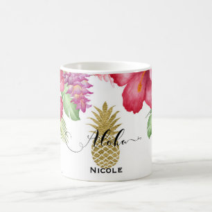 Tropische exotische Blumen & goldene Ananas Aloha Kaffeetasse