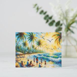 Tropische Familienstrand-Sonnenuntergangs-Ölgemäld Postkarte