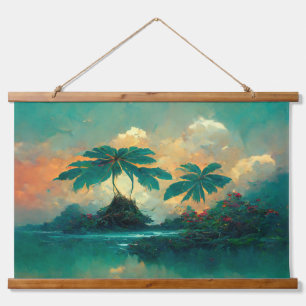 Tropische Fantasy Sea & Palm Trees Wandteppich Mit Holzrahmen