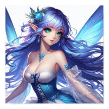 Tropische Fee mit blauen Haaren und Smaragdaugen