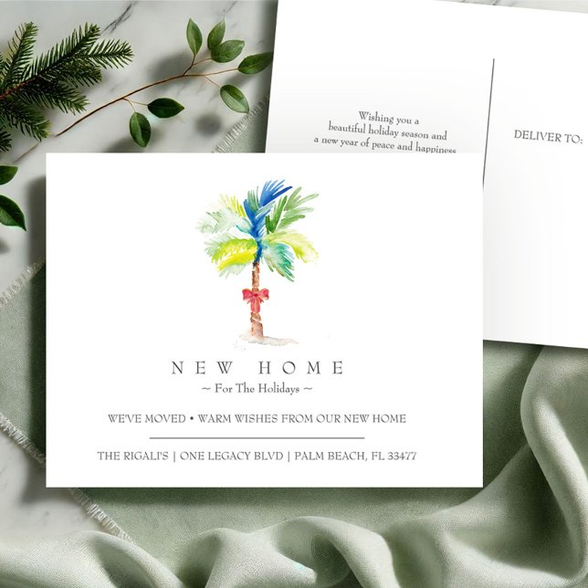Tropische Feiertage Neue Zuhause-Moving-Ankündigun Postkarte (Tropical Christmas new address moving announcement watercolor palm tree art by Victoria Grigaliunas)