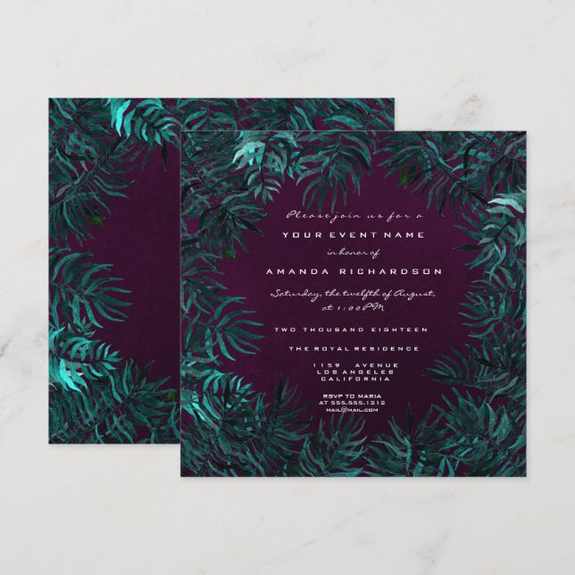 Tropische Fern Blätter Gerahmt Aquamarin Cali Plum Einladung (Vorne/Hinten)