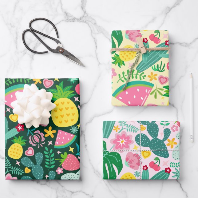 Tropische Festspiele: Obst & Kaktus Geschenkpapier Set (Vorderseite)