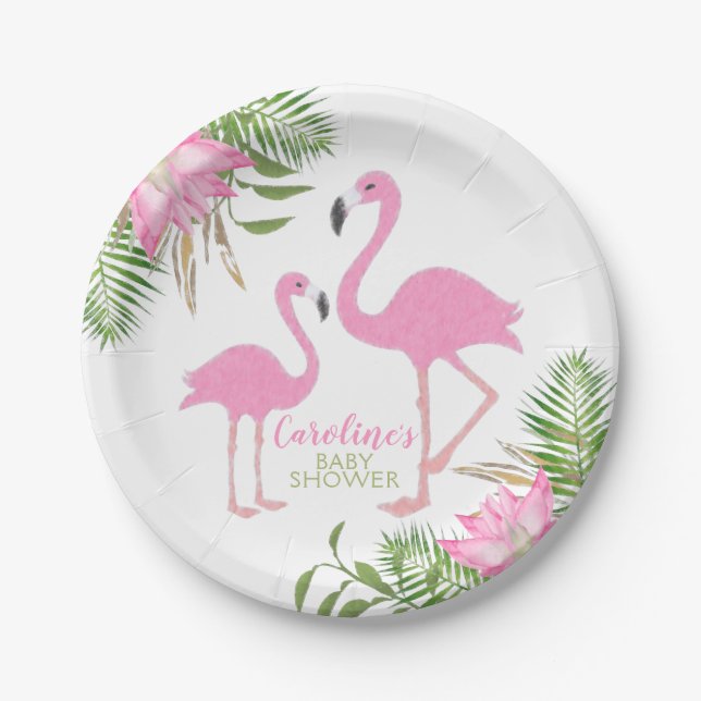 Tropische Flamingo Floral Babydusche Pappteller (Vorderseite)