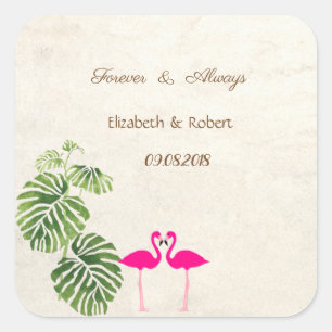 Tropische Flamingos Hochzeit Quadratischer Aufkleber