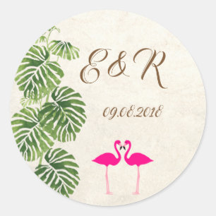 Tropische Flamingos Hochzeit Runder Aufkleber