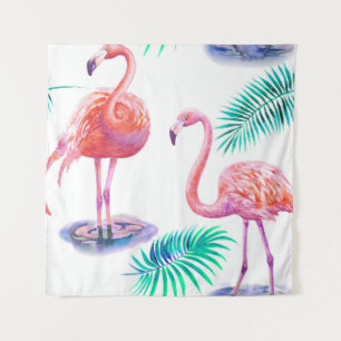 Tropische Flamingos: Orchideen Wasserfarbe Nahtlos Wandteppich