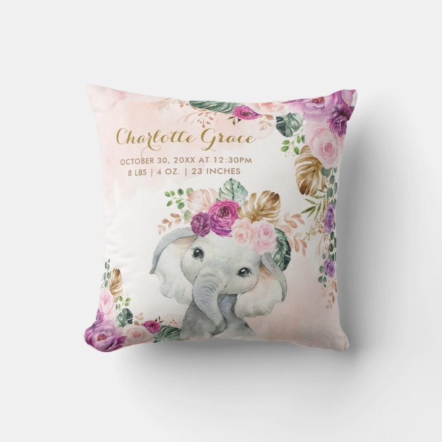 Tropische Flora Elefant Baby Birth Stats Kissen (Vorderseite)