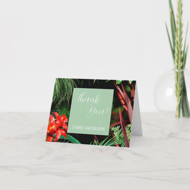 Tropische Flora, erdige Farben, modern, Hochzeit, Dankeskarte (Vorderseite)