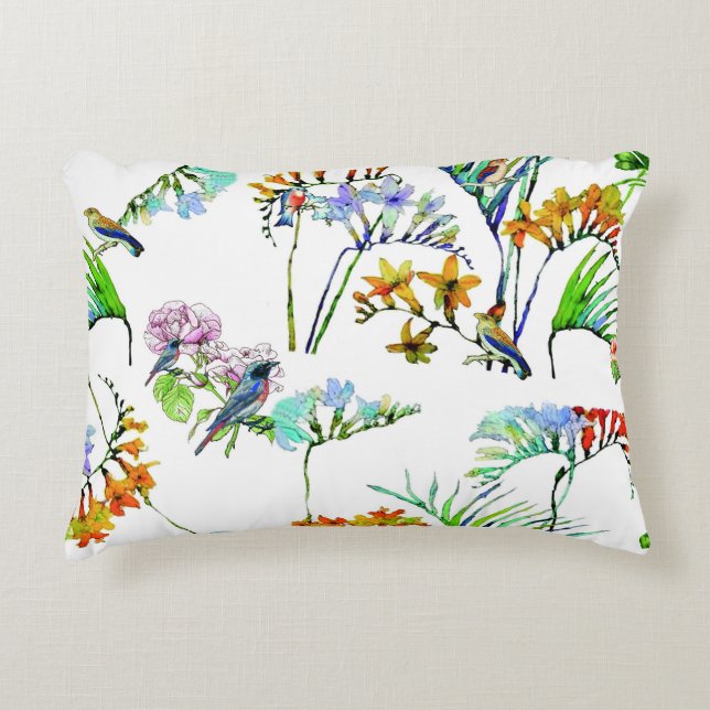 Tropische Flora Fauna Vogel und Blume weiß Zierkissen (Vorderseite)
