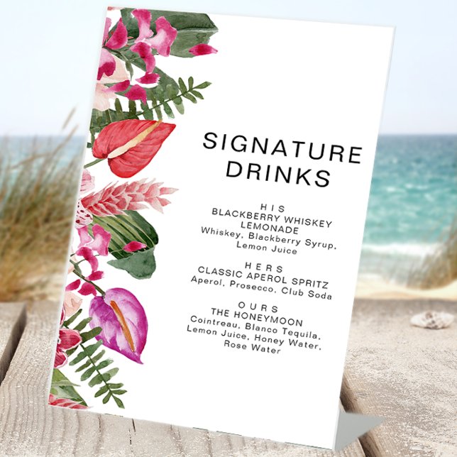 Tropische florale Signatur Getränke Pedestal-Zeich Sockelschild (Tropical Floral Signature Drinks Pedestal Bar Sign by Painted Paperie
)