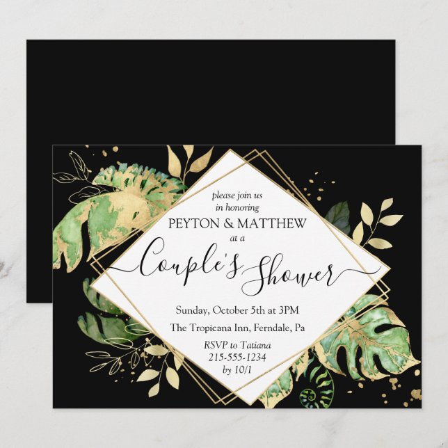 Tropische Foliage Black & Gold Couple Dusche Einladung (Vorne/Hinten)