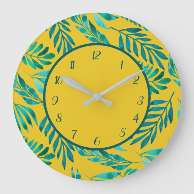 Tropische Foliage Blätter Grüner Schimmer auf Gold Große Wanduhr (Vorderseite)