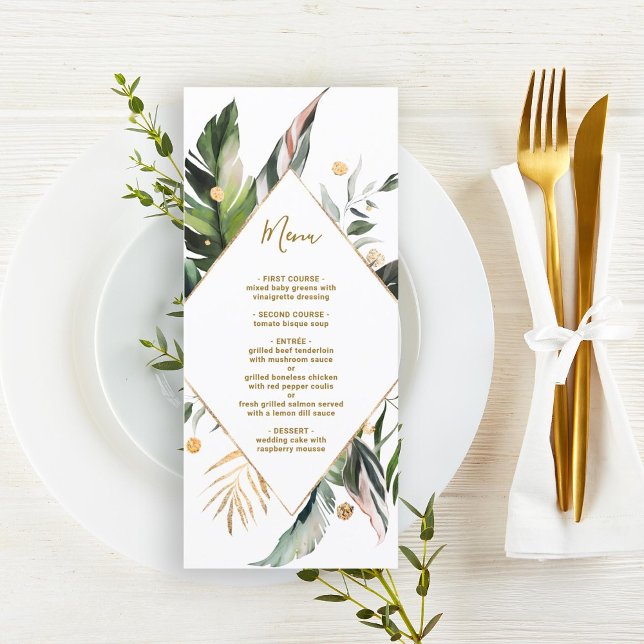 Tropische Foliage Hochzeit Gold und Grün Menükarte (Von Creator hochgeladen)