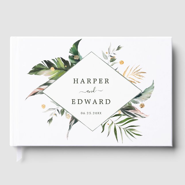 Tropische Foliage Hochzeit Grün & Gold Gästebuch (Vorderseite)