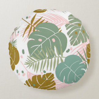 Tropische Folien - Muster aus Monstera und Palmblä Rundes Kissen