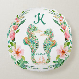 Tropische Frischvermählte Monogramm Blumen Seepfer Rundes Kissen