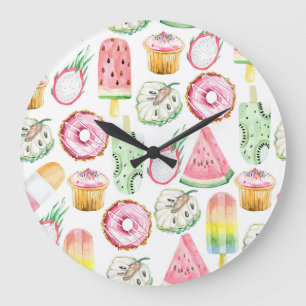 Tropische Früchte in Aquarellfarbe, Eis-Muster. Große Wanduhr