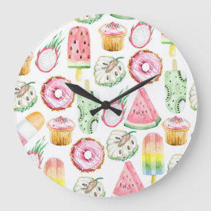 Tropische Früchte in Aquarellfarbe, Eis-Muster. Große Wanduhr