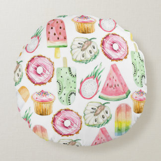 Tropische Früchte in Aquarellfarbe, Eis-Muster. Rundes Kissen