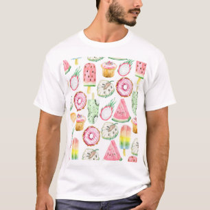 Tropische Früchte in Aquarellfarbe, Eis-Muster. T-Shirt
