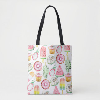 Tropische Früchte in Aquarellfarbe, Eis-Muster. Tasche