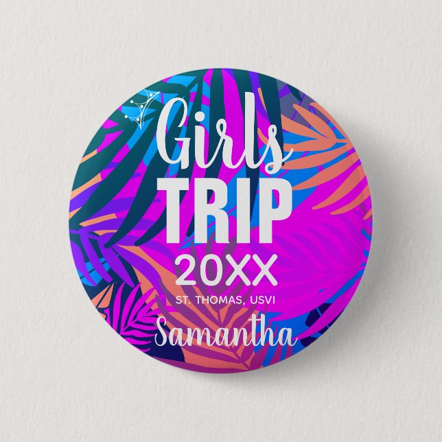 Tropische Girls-Reise mit Krone, Jahr und Name Button (Vorderseite)