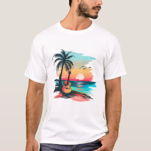 Tropische Gitarre Sonnenuntergang Strand Kunst S T-Shirt